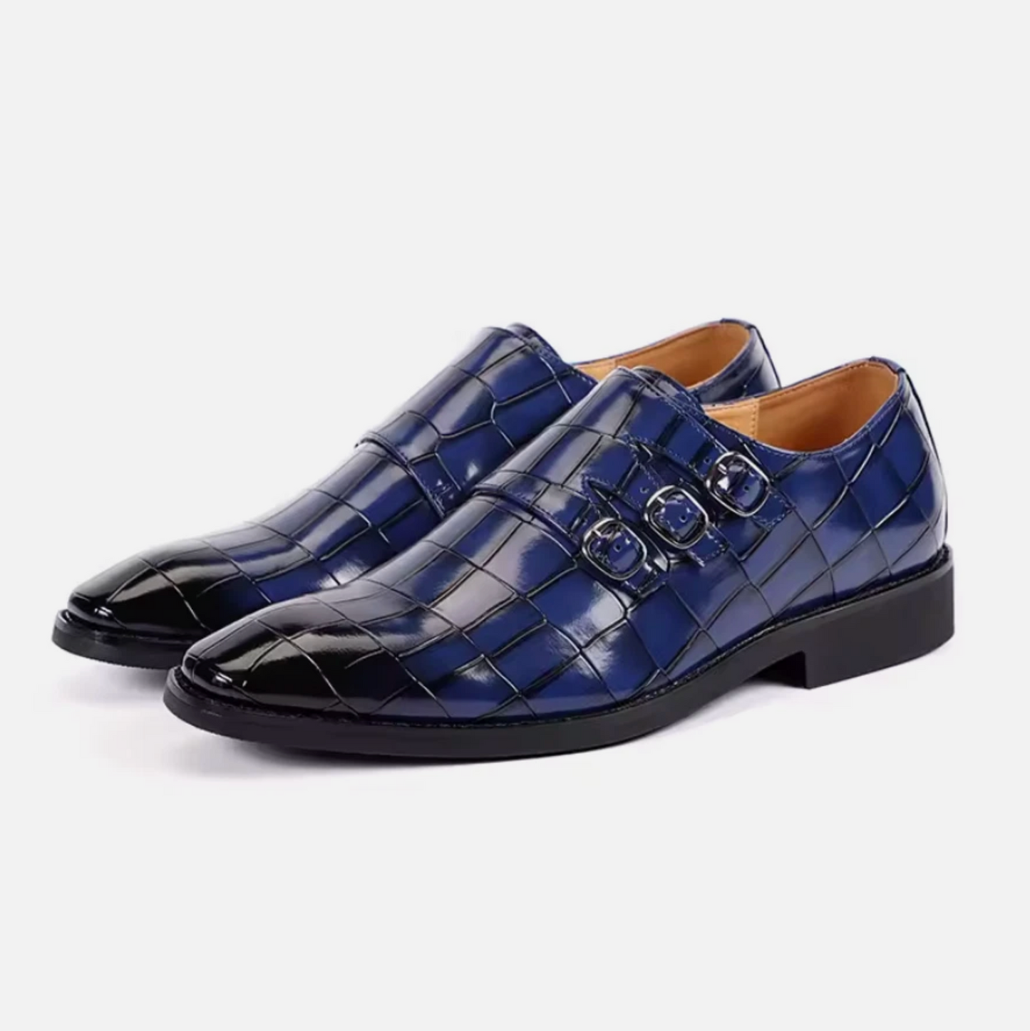 Mens Alligator Print Buckle Strap 3 Buckle Polished Dress Shoes