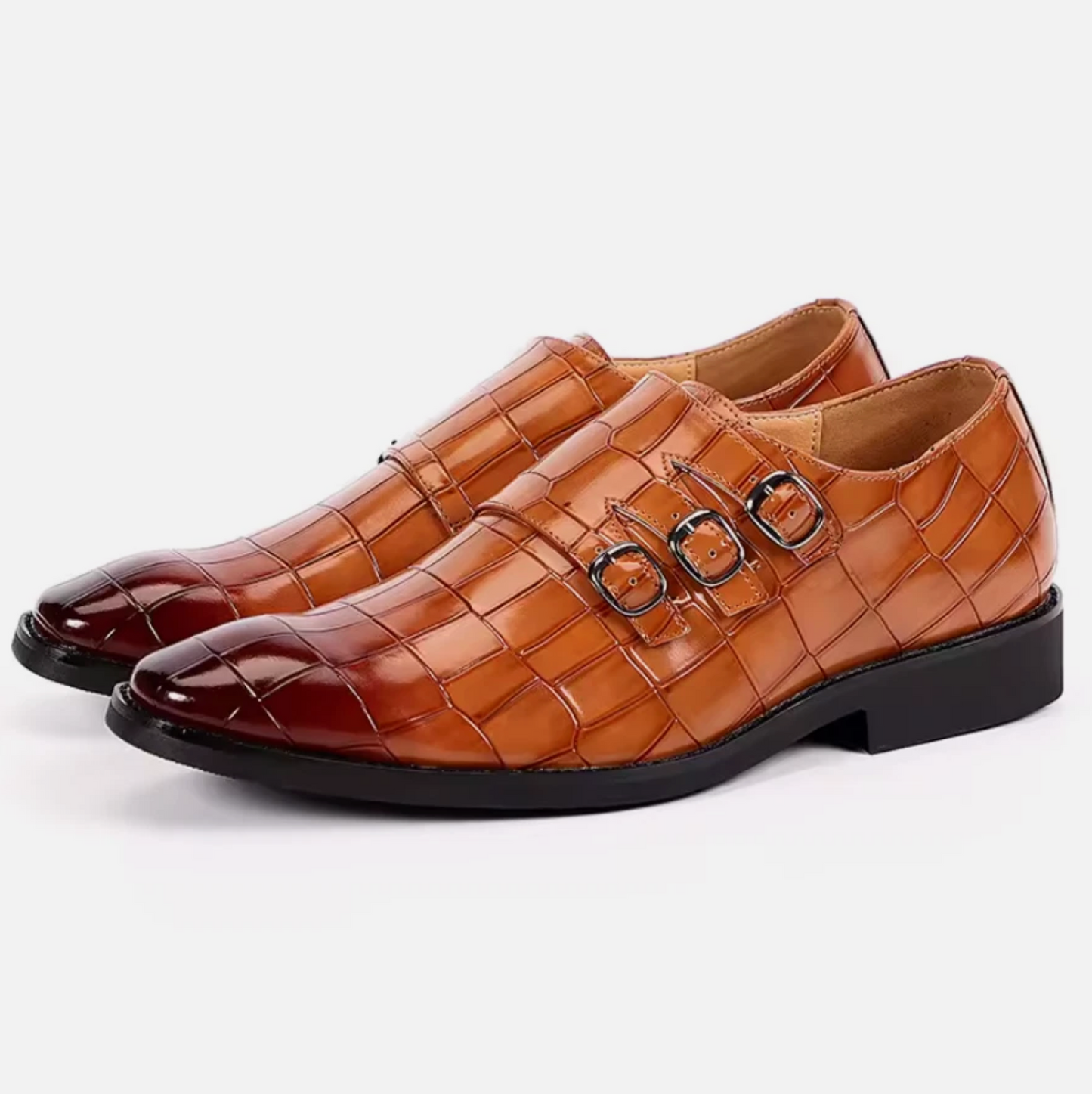 Mens Alligator Print Buckle Strap 3 Buckle Polished Dress Shoes