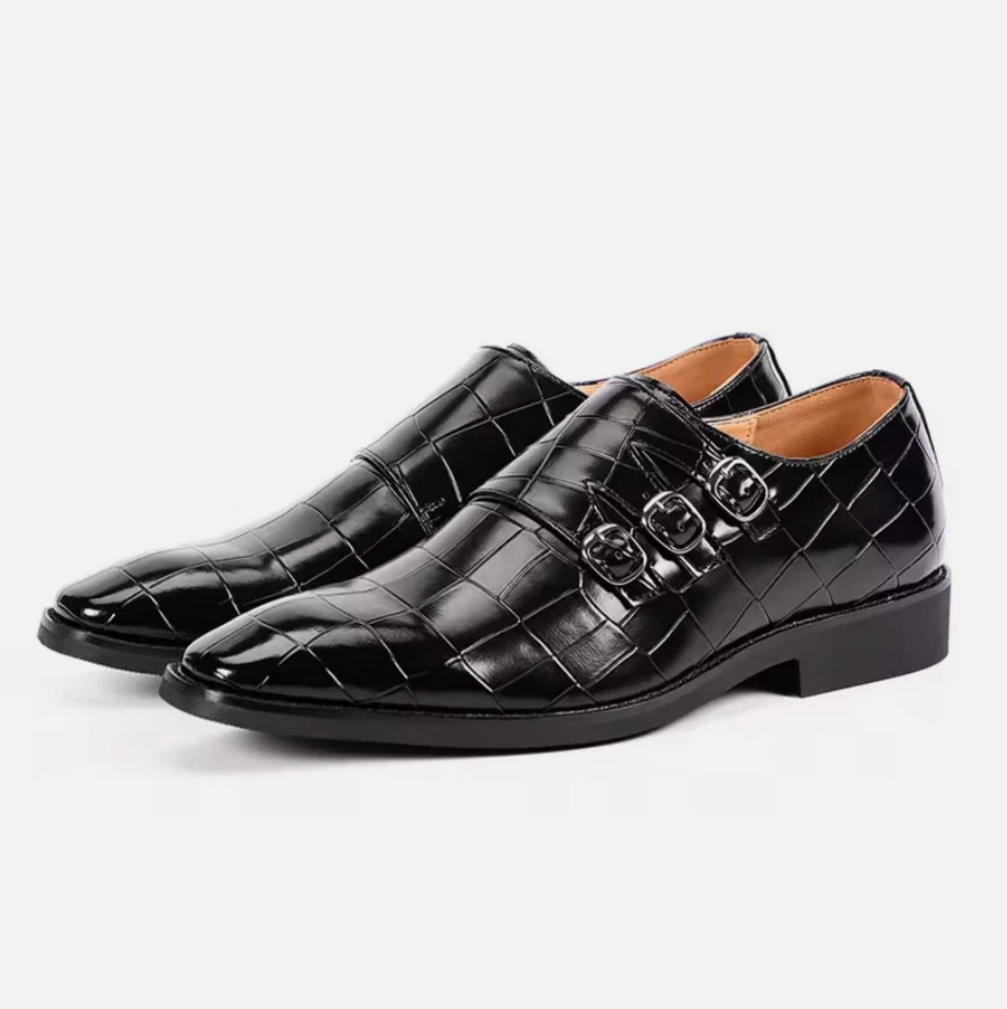 Mens Alligator Print Buckle Strap 3 Buckle Polished Dress Shoes