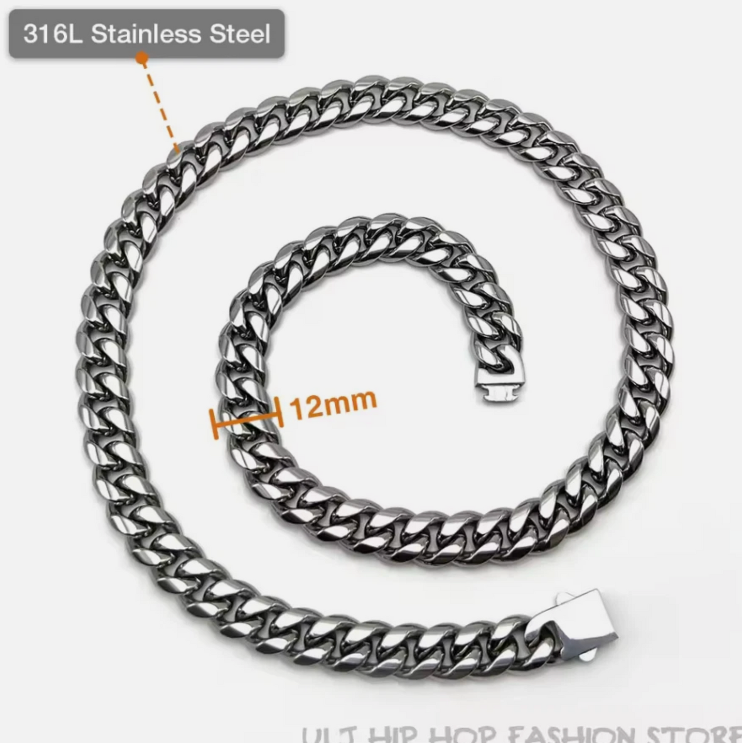 12mm Mens 316L Stainless Steel Ultra Shine Cuban Link Chain Necklace