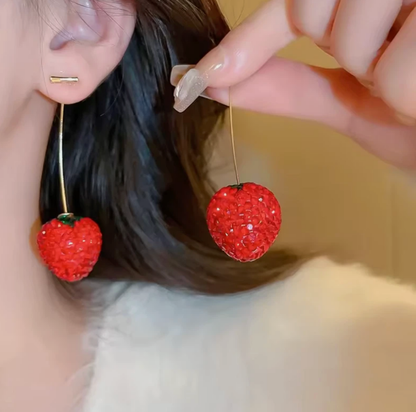 Cherry Strawberry Marble Red Polished Dangle Earrings Pair 2pc