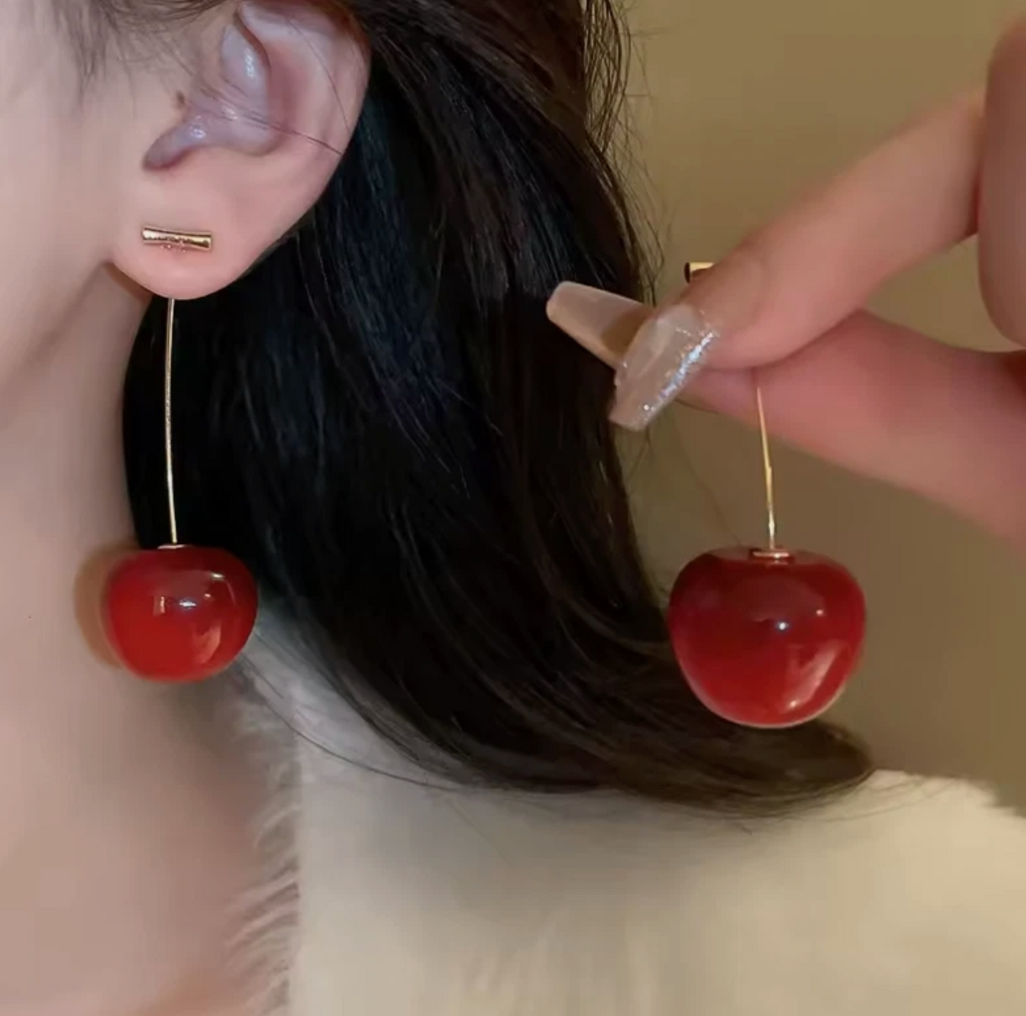 Cherry Strawberry Marble Red Polished Dangle Earrings Pair 2pc