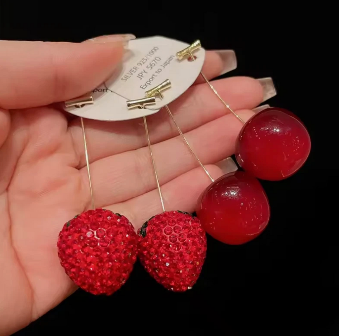 Cherry Strawberry Marble Red Polished Dangle Earrings Pair 2pc