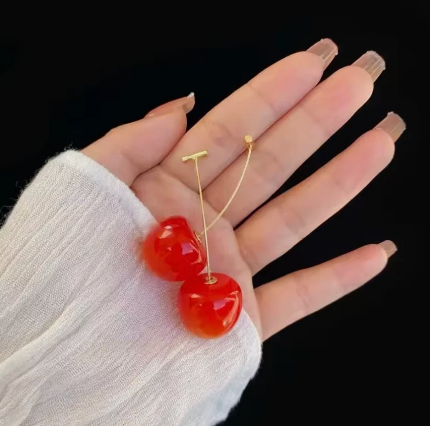 Cherry Strawberry Marble Red Polished Dangle Earrings Pair 2pc