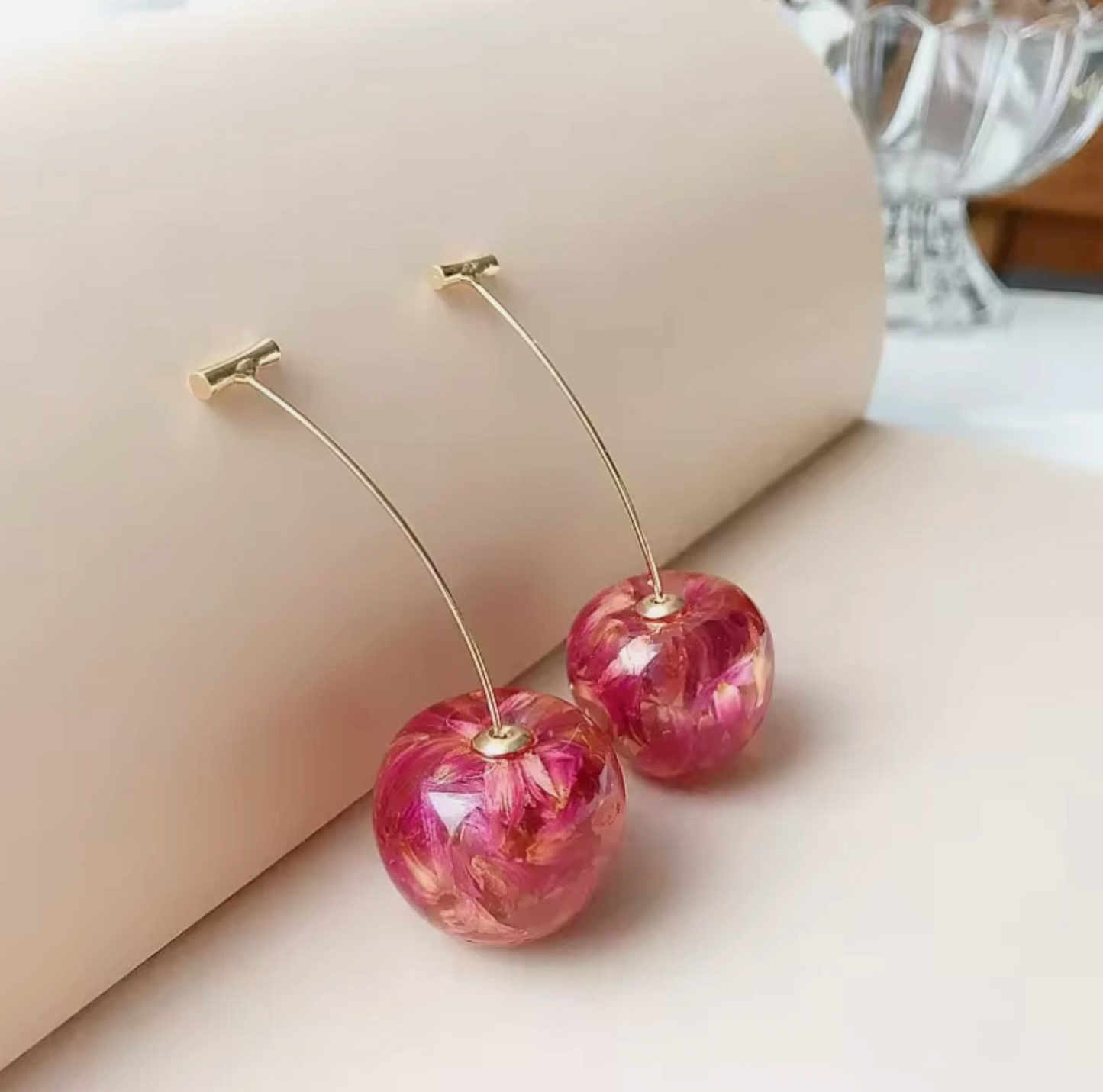 Cherry Strawberry Marble Red Polished Dangle Earrings Pair 2pc