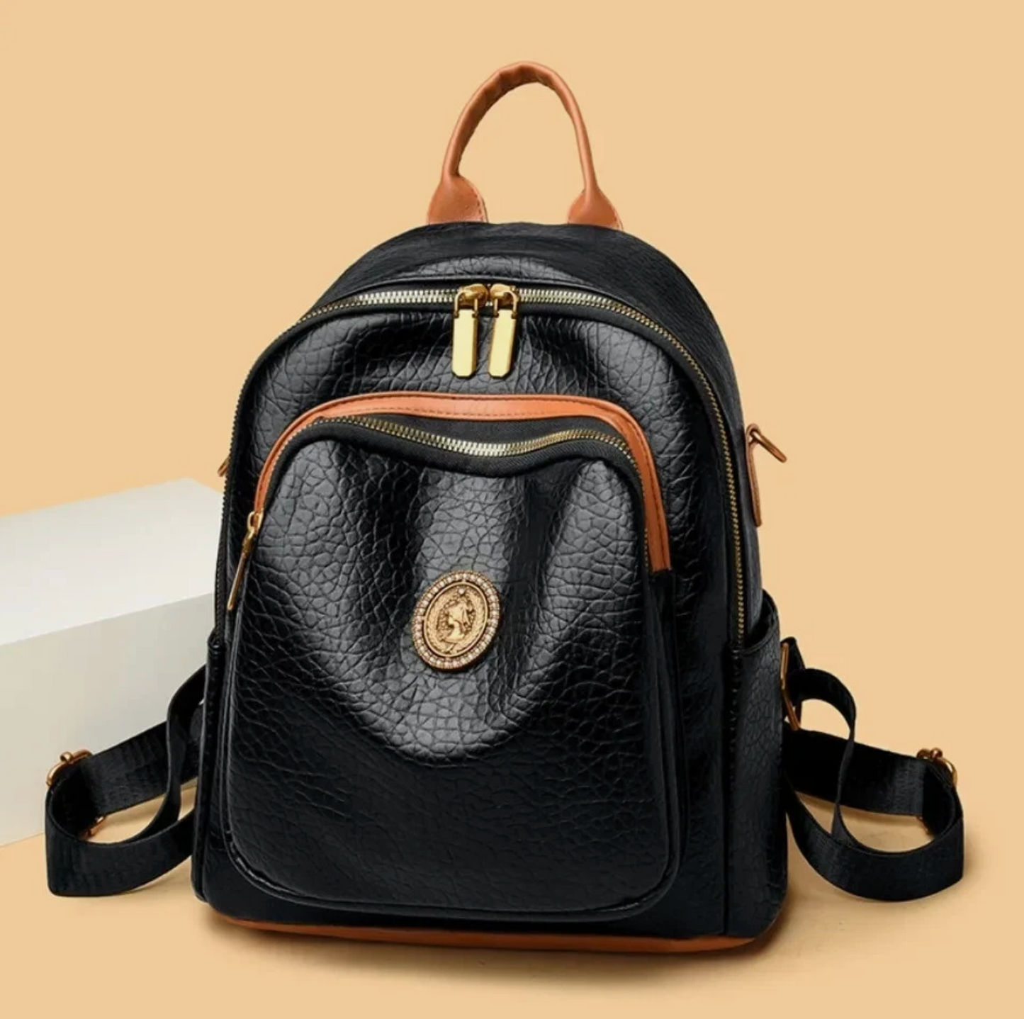 Womens Black Stained PU Leather Premium Designed Fashion Backpack