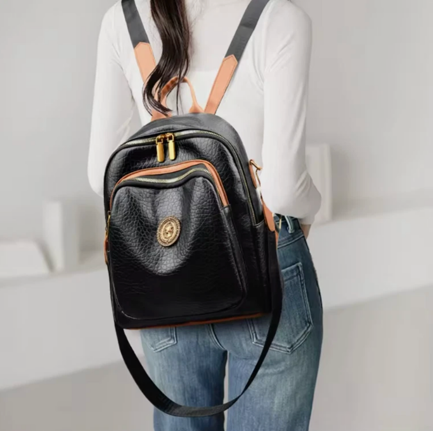 Womens Black Stained PU Leather Premium Designed Fashion Backpack