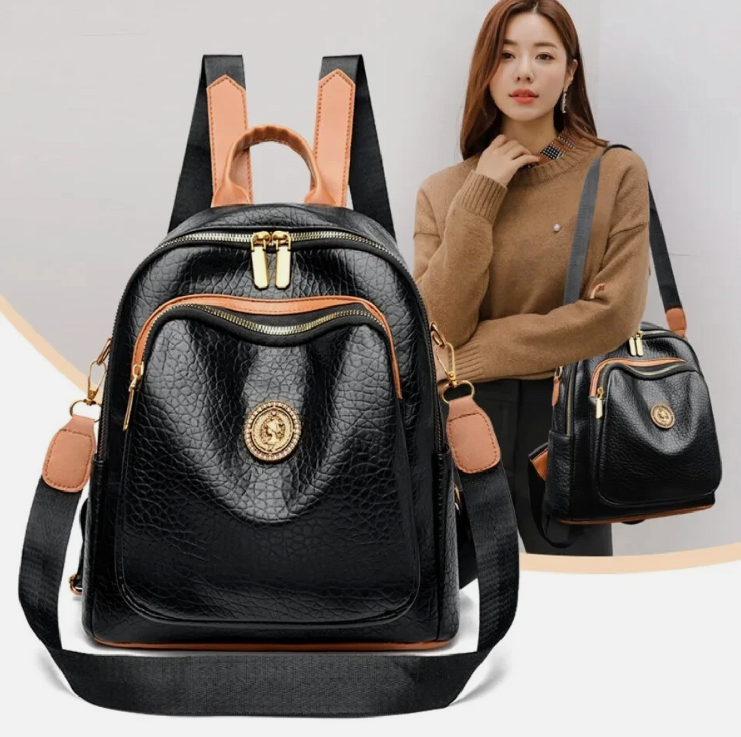 Womens Black Stained PU Leather Premium Designed Fashion Backpack