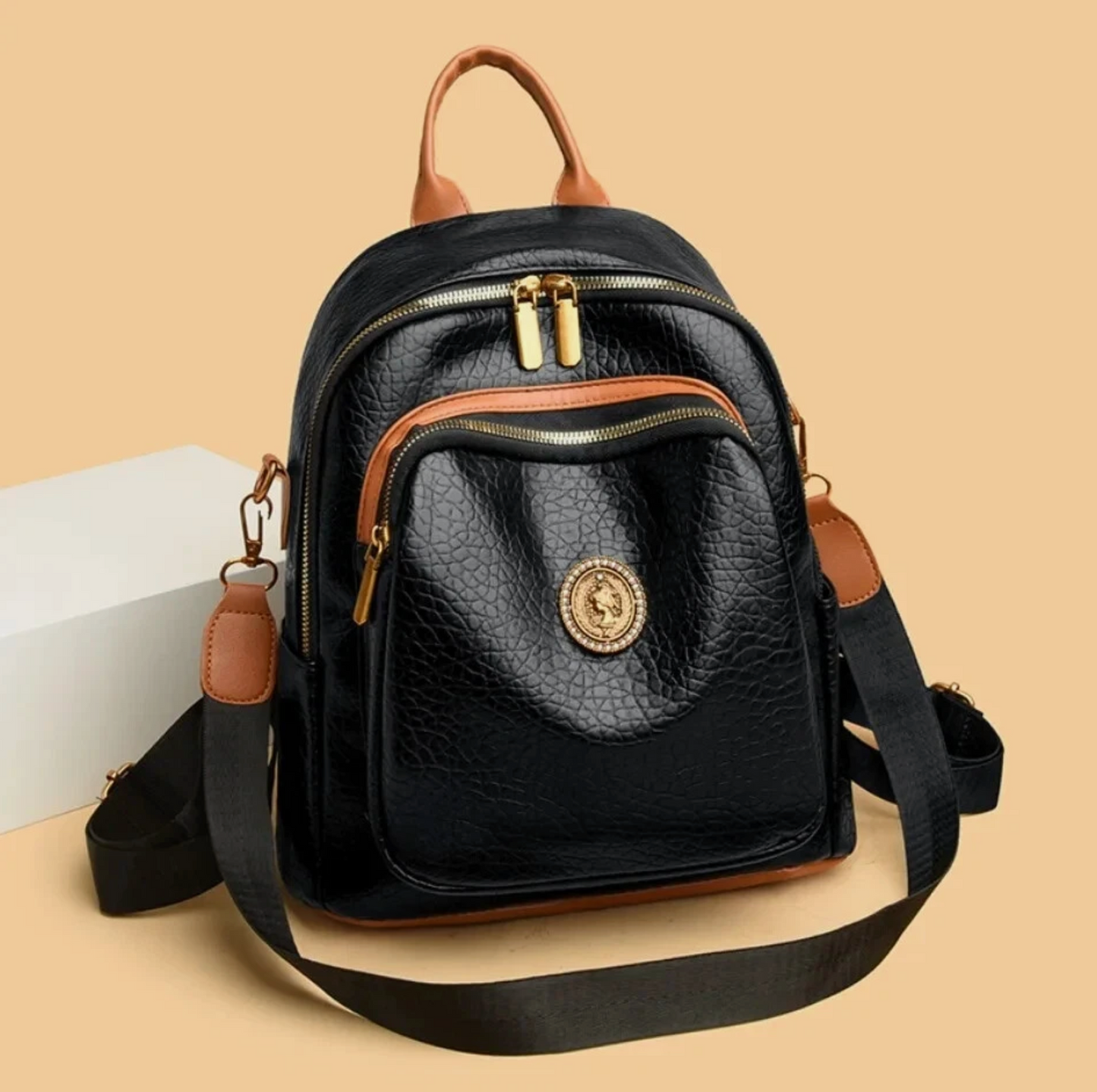 Womens Black Stained PU Leather Premium Designed Fashion Backpack