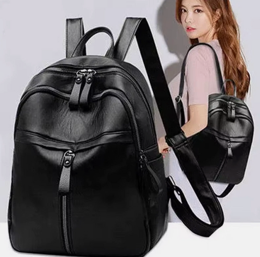 Womens Style All Black PU Stained Leather Back Pack Travel Bag