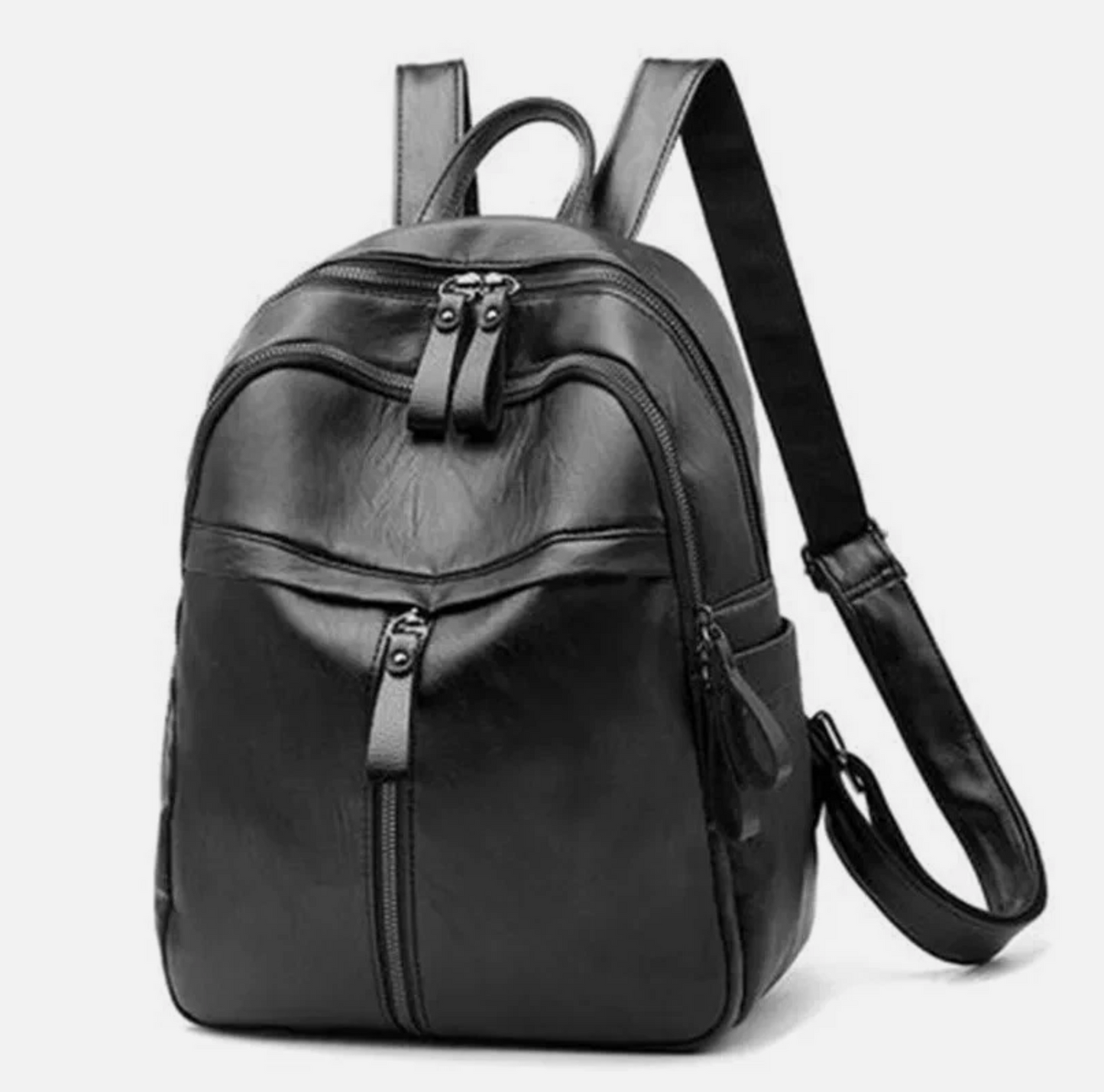 Womens Style All Black PU Stained Leather Back Pack Travel Bag