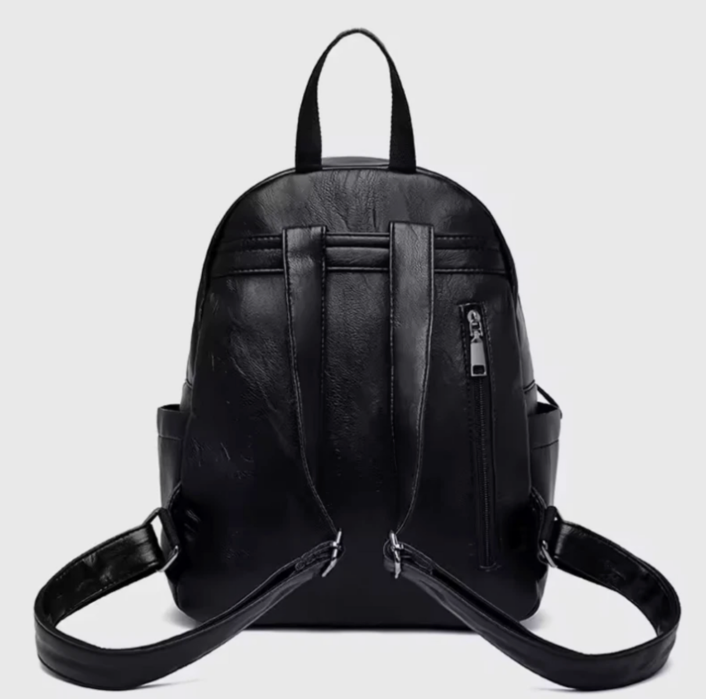 Womens Style All Black PU Stained Leather Back Pack Travel Bag