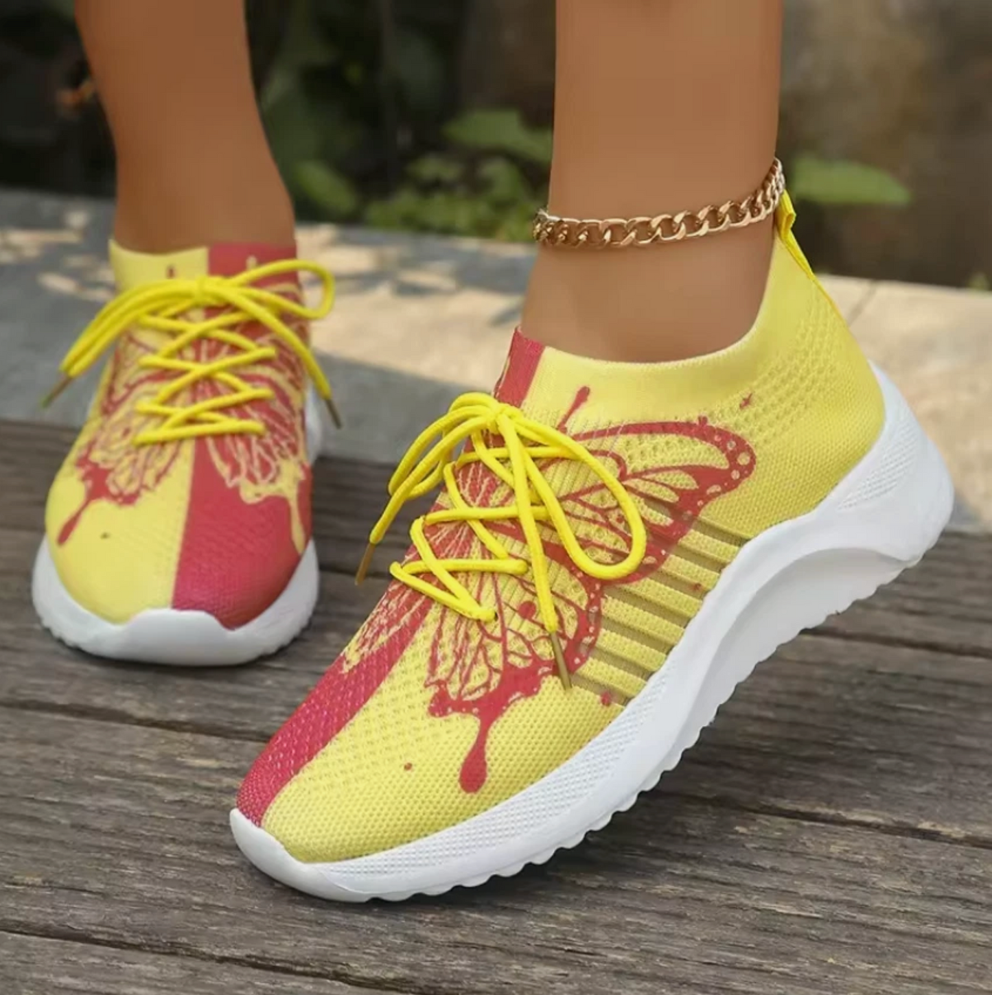 Womens Dual Color Tennis Shoes Butterfly Print Breathable Mesh Sneakers