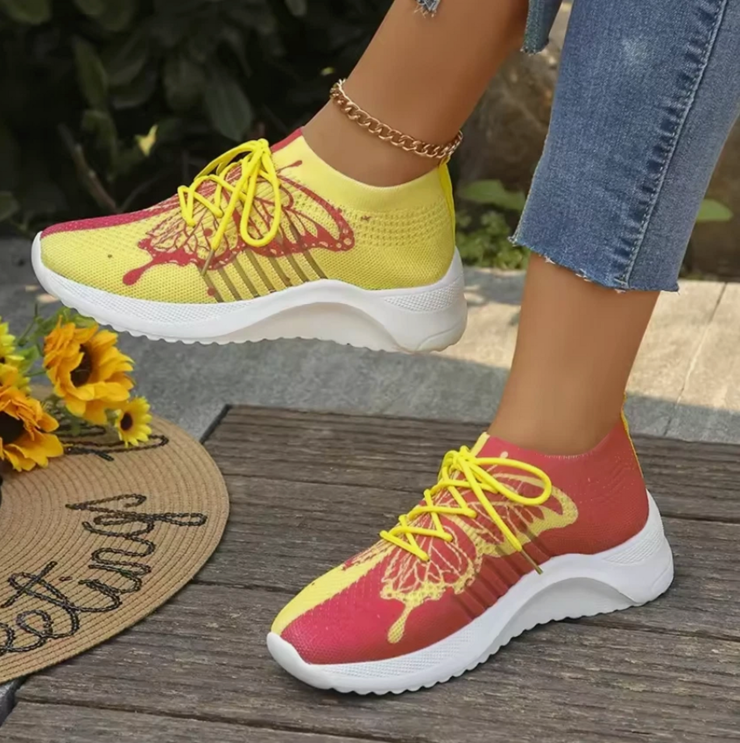 Womens Dual Color Tennis Shoes Butterfly Print Breathable Mesh Sneakers