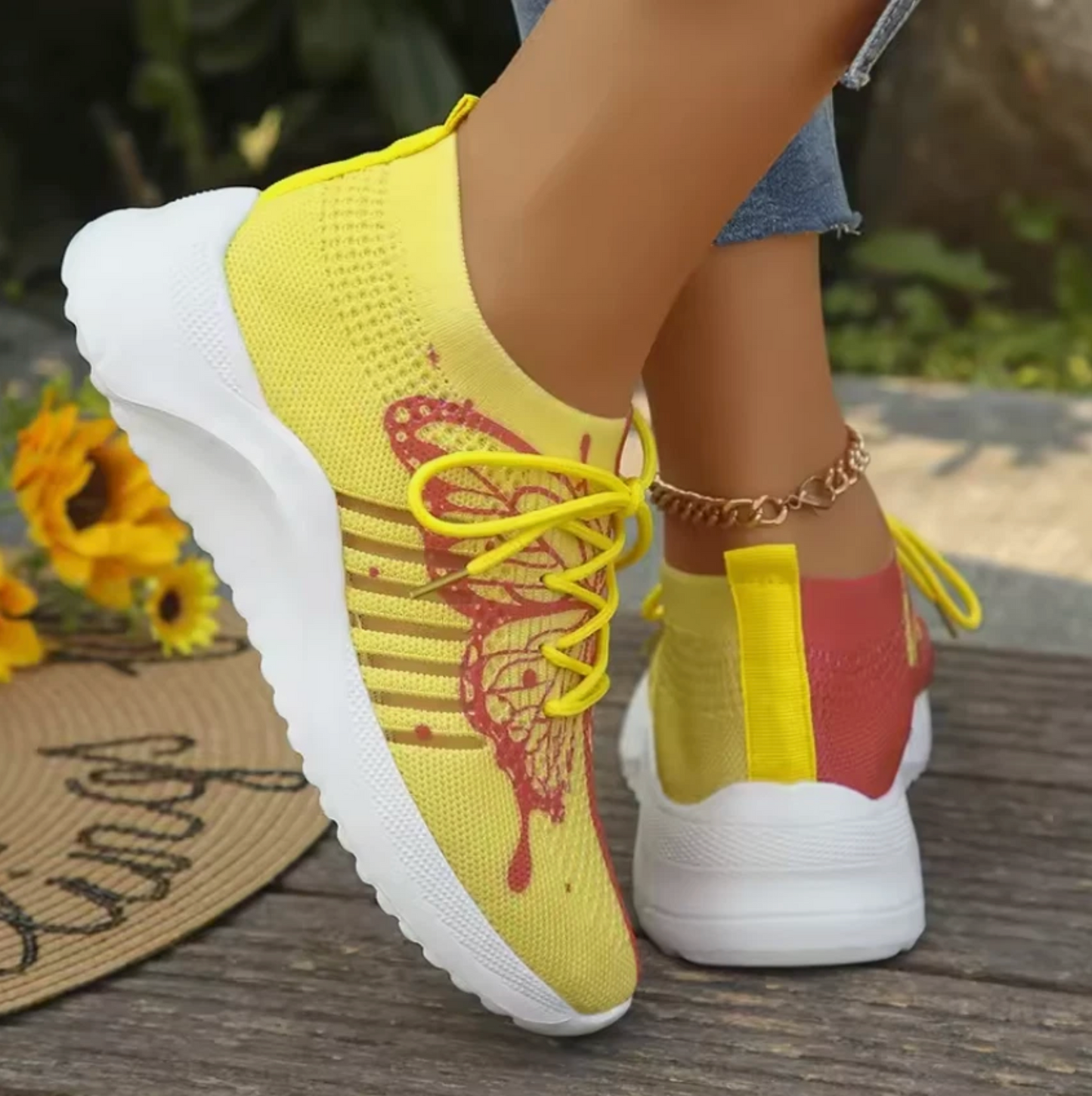 Womens Dual Color Tennis Shoes Butterfly Print Breathable Mesh Sneakers
