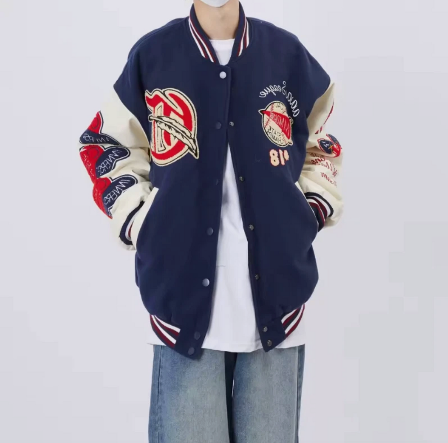 Baseball Letterman Jacket Vintage Style Embroidered Patch Button Up