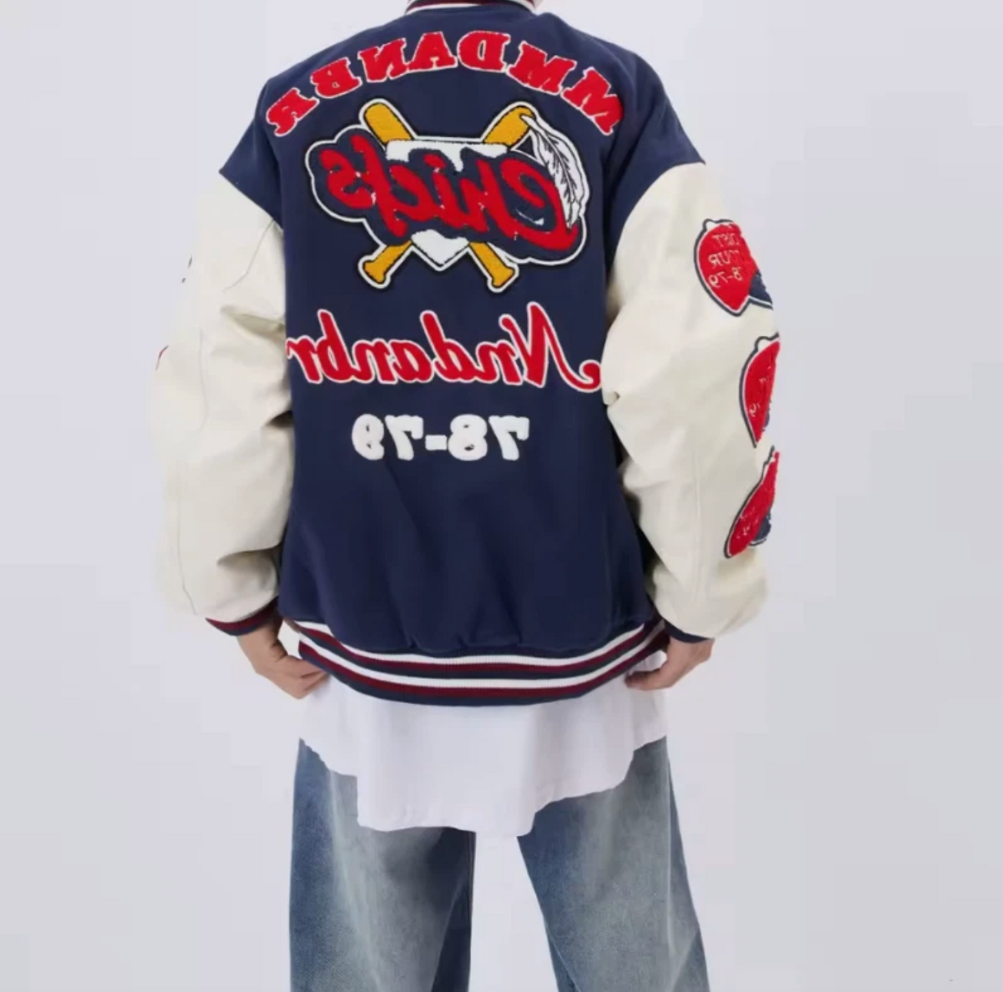 Baseball Letterman Jacket Vintage Style Embroidered Patch Button Up