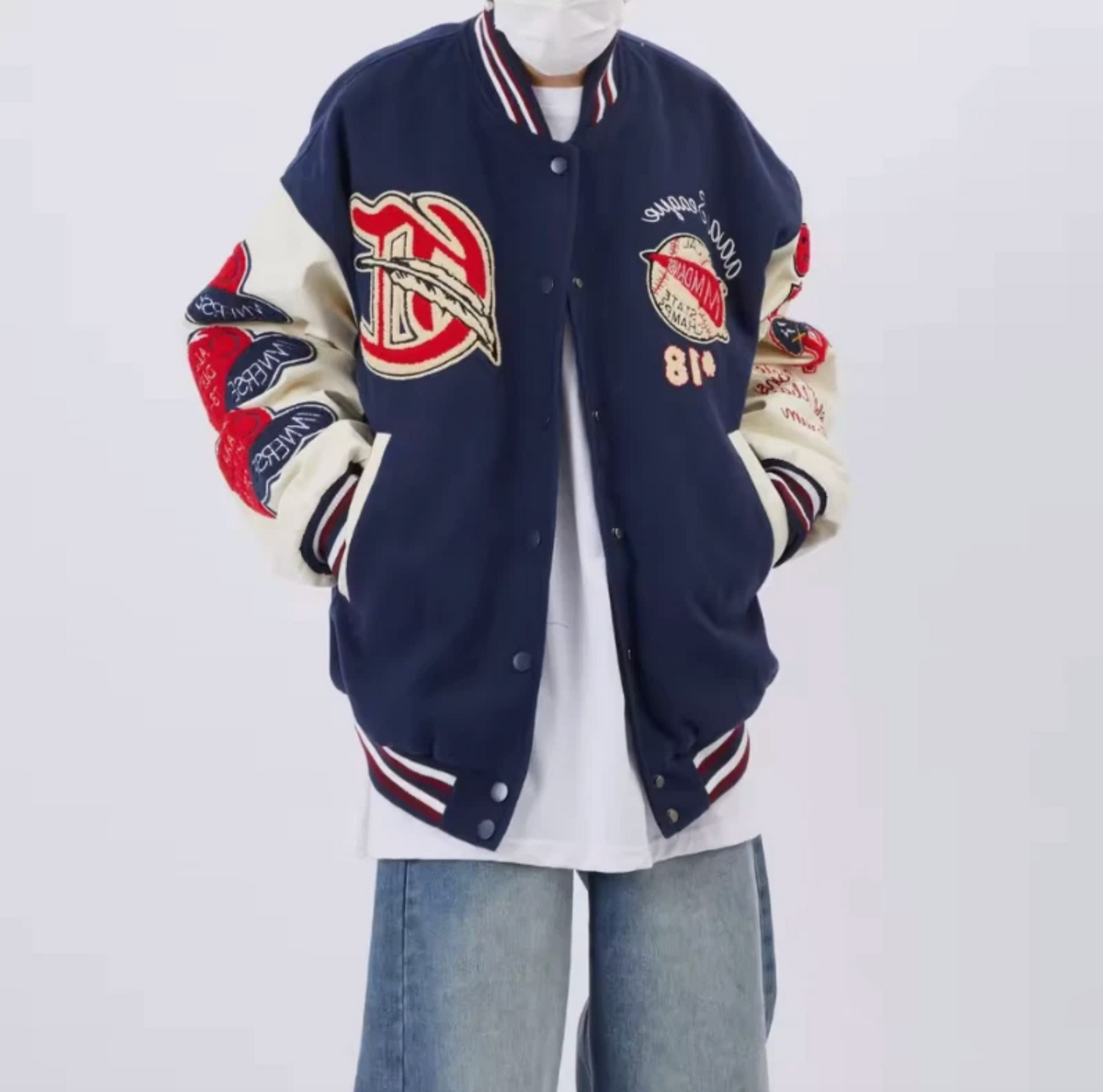 Baseball Letterman Jacket Vintage Style Embroidered Patch Button Up