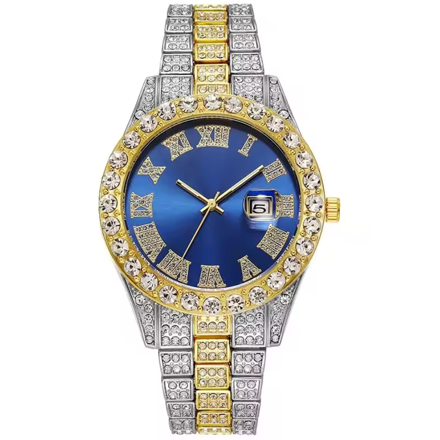 Luxurious Rhinestone Glimmering Blue & Gold Stainless Steel Soxy Quarts Watch