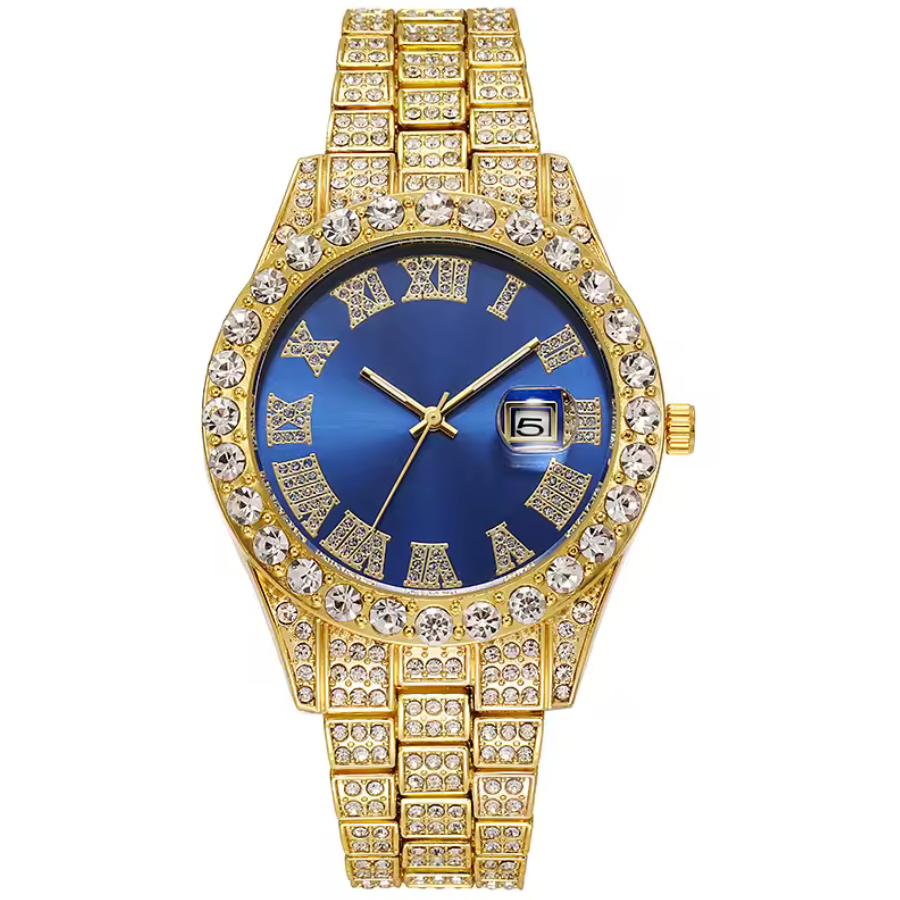 Luxurious Rhinestone Glimmering Blue & Gold Stainless Steel Soxy Quarts Watch