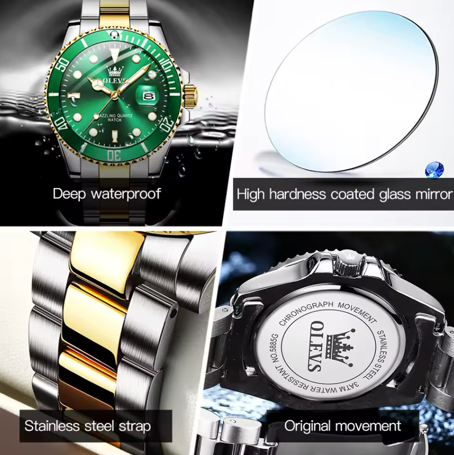 OLEVS Luxury Stainless Steel Band Quartz Watch Luminous & Deep Water Proof