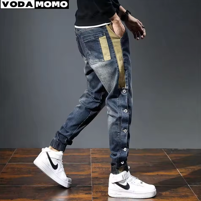 Mens Fashion Street Style Side Button Slim Jeans