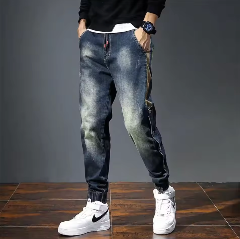 Mens Fashion Street Style Side Button Slim Jeans