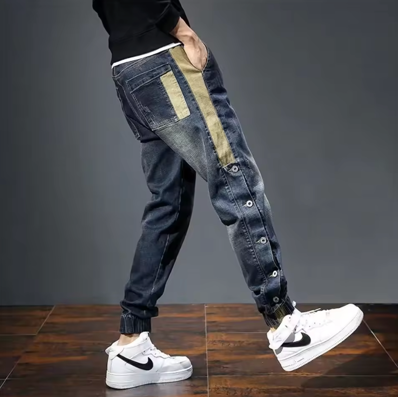 Mens Fashion Street Style Side Button Slim Jeans