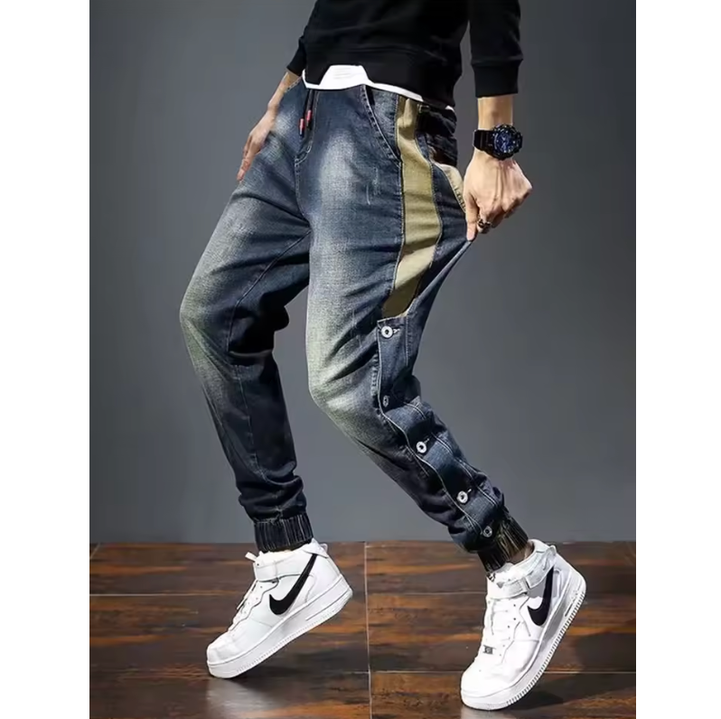 Mens Fashion Street Style Side Button Slim Jeans