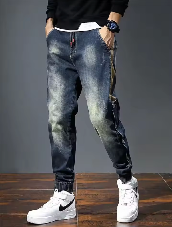 Mens Fashion Street Style Side Button Slim Jeans