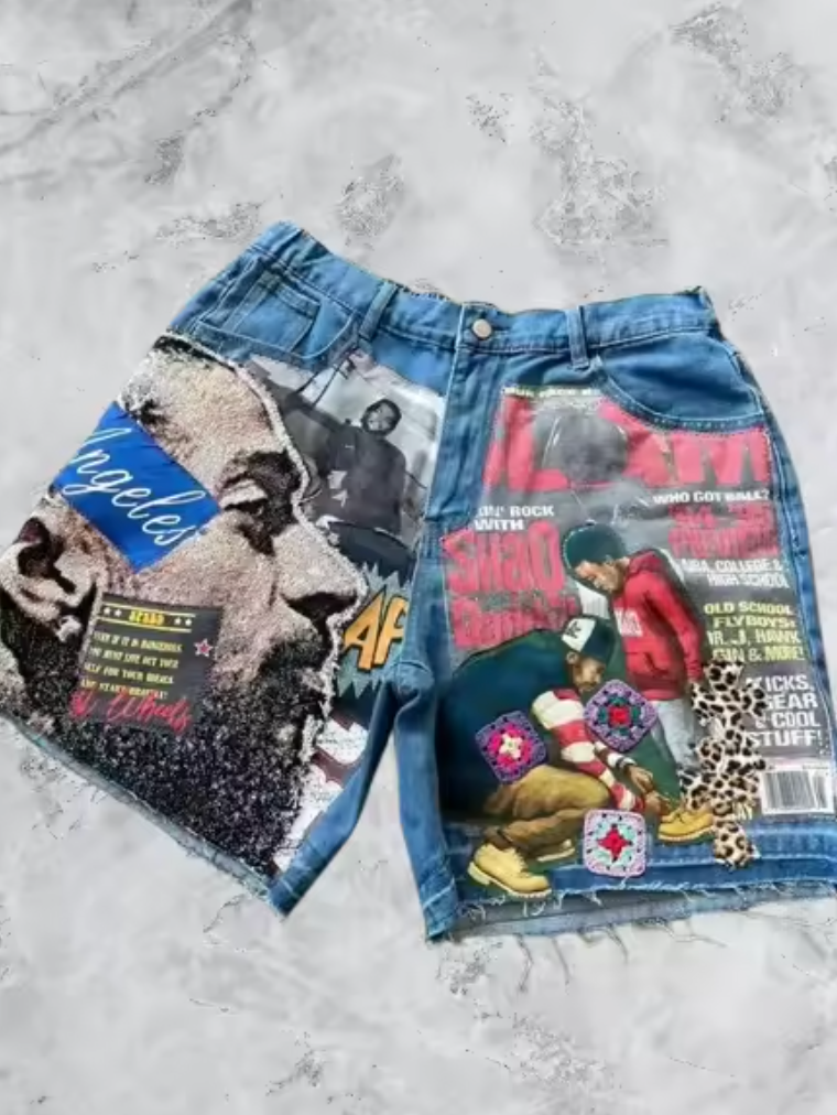 Retro City Theme Custom Graphic Jean Shorts Musical Artist Collage Denim Jorts