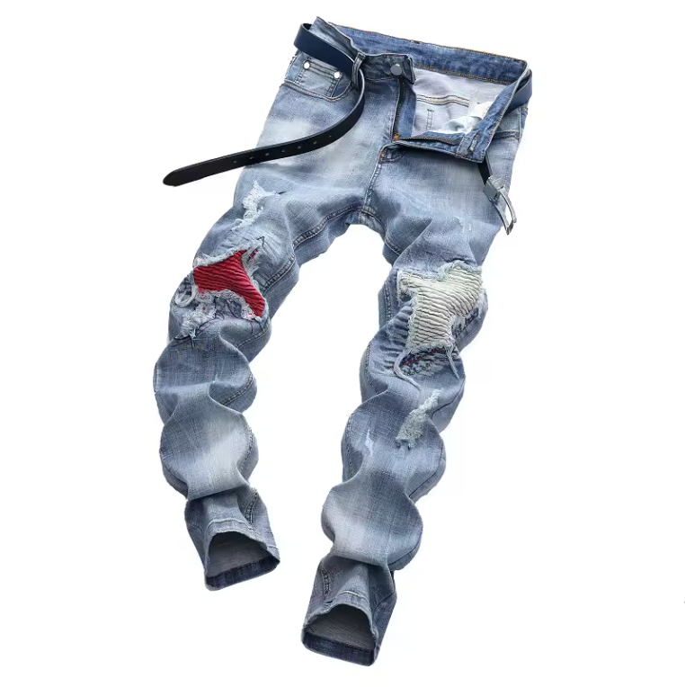 Mens Ruffled Biker Jeans Premium Denim Blend Distressed Customized Jeans