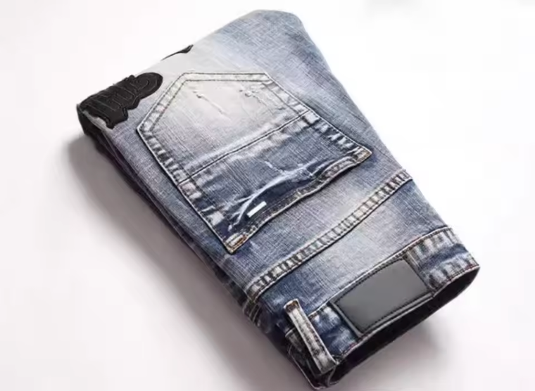 Mens Denim Street Biker Jeans Slim Fit Retro Style Embroidery Patch Logo Jeans