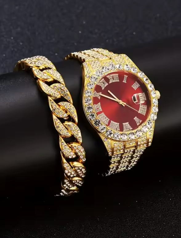 3pc Luxury Metal Alloy Gold Plated Full Dimond Rhinestone Watch And Chain Set