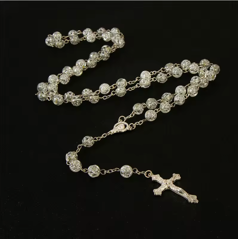 Beaded Rosary Pendant Necklace Alloy Cross Virgin Mary