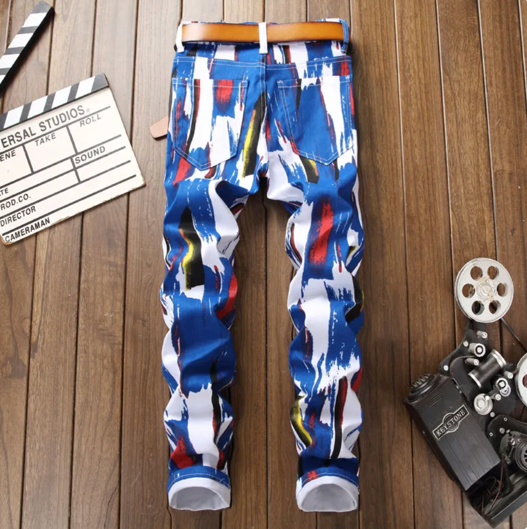 Mens Custom Design Street Fashion Abstract Colorful Jeans Slim