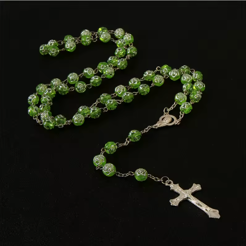 Beaded Rosary Pendant Necklace Alloy Cross Virgin Mary