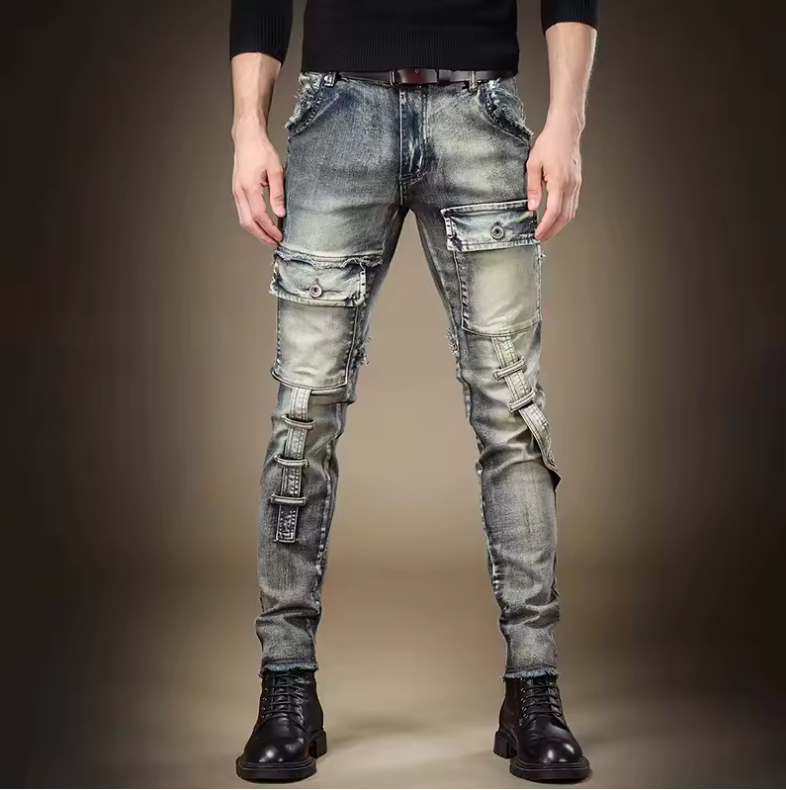 Mens Skinny Jeans Retro Theme Fashion Designed Patterned Denim Biker Style Jeans