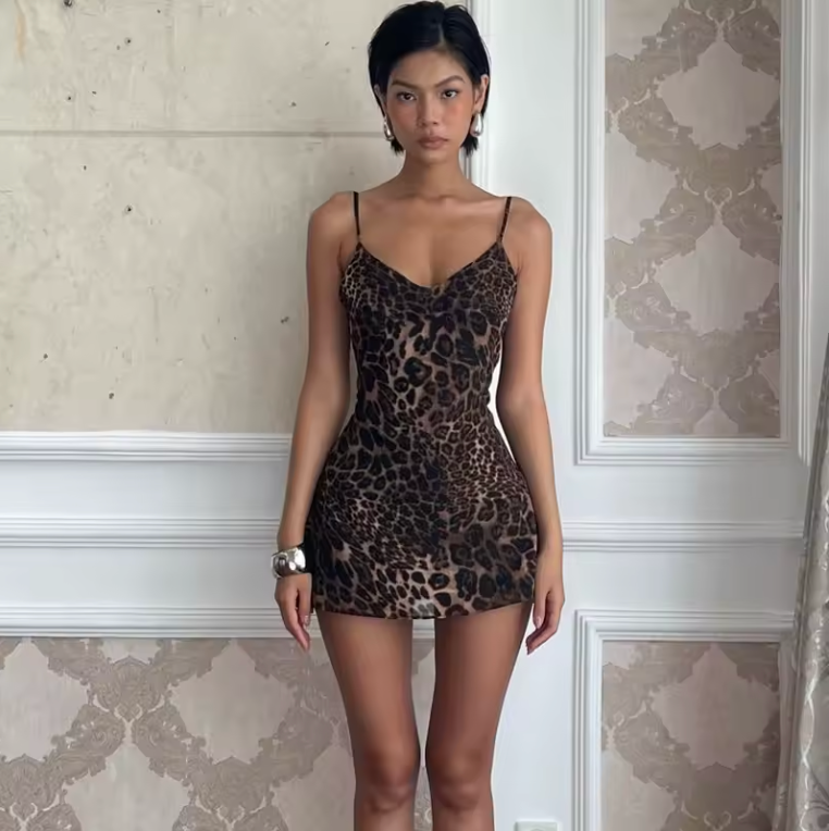 Womens Leopard Print Classy Dress Tight Body Style Fitting Summer Pullover Dress