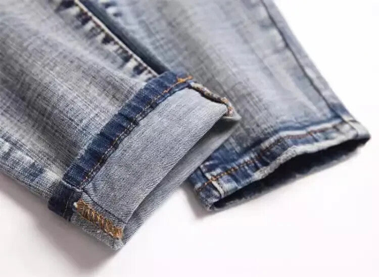 Mens Denim Street Biker Jeans Slim Fit Retro Style Embroidery Patch Logo Jeans