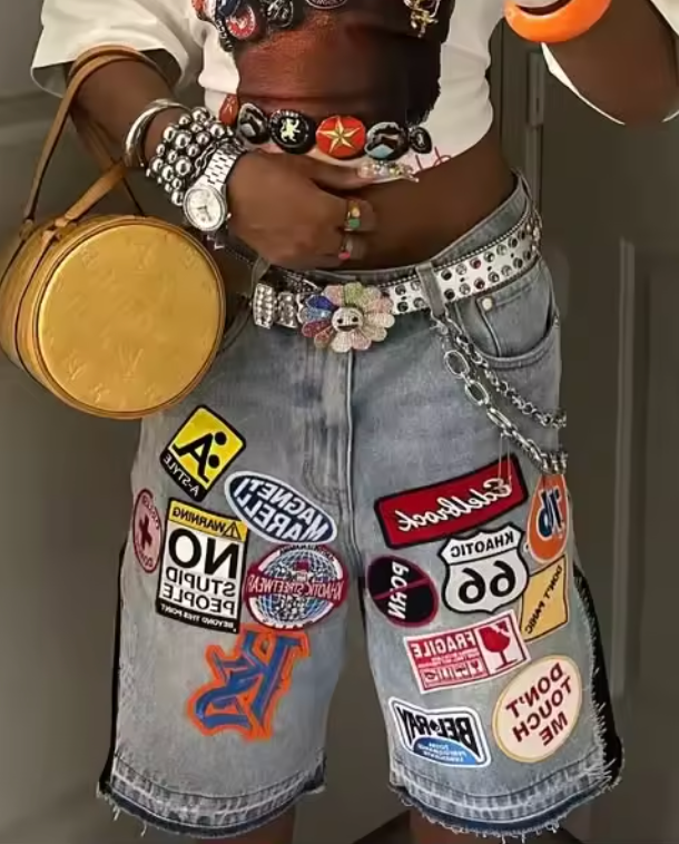 Unisex Retro Jorts Graphic Logos Design Denim Bermuda Style Casual Jean Shorts