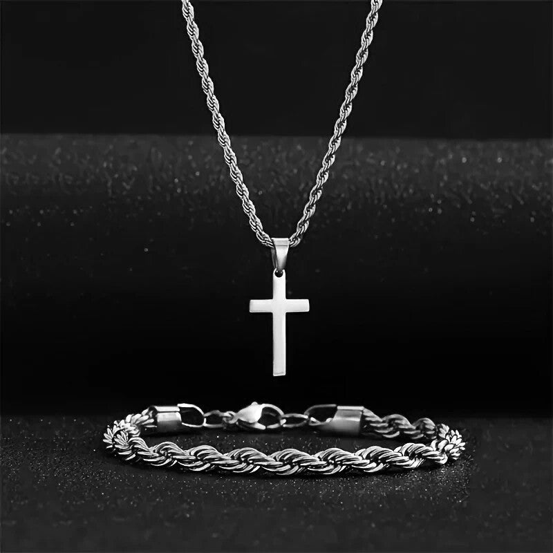 Mens Watch Cross Pendant Chain And Bracelet 3pc Premium Jewelry Set