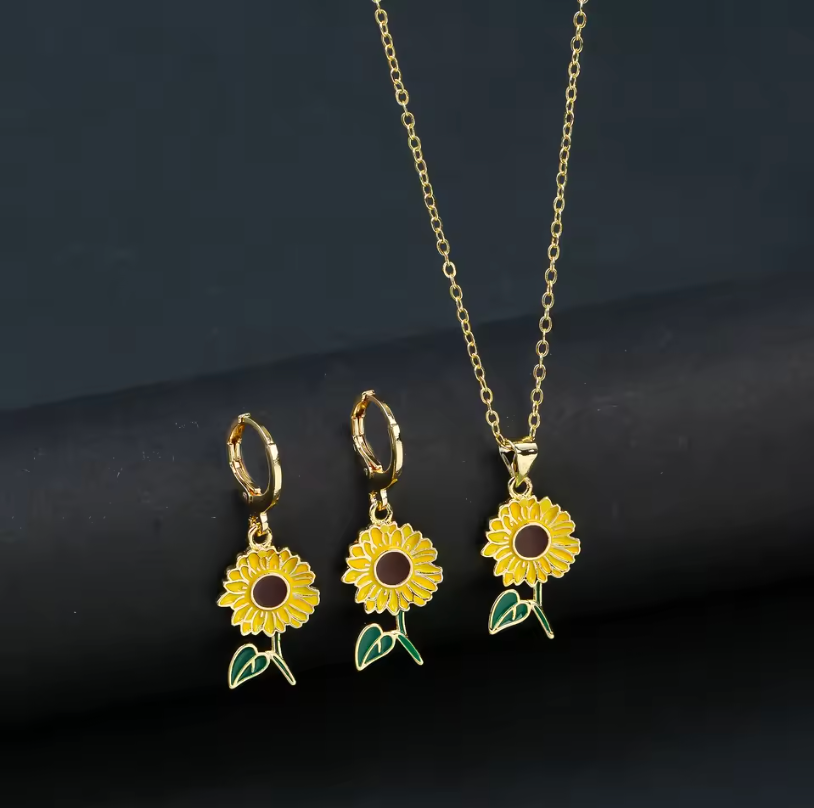 Necklace And Earrings Matching Seet Sun Flowers And Roses