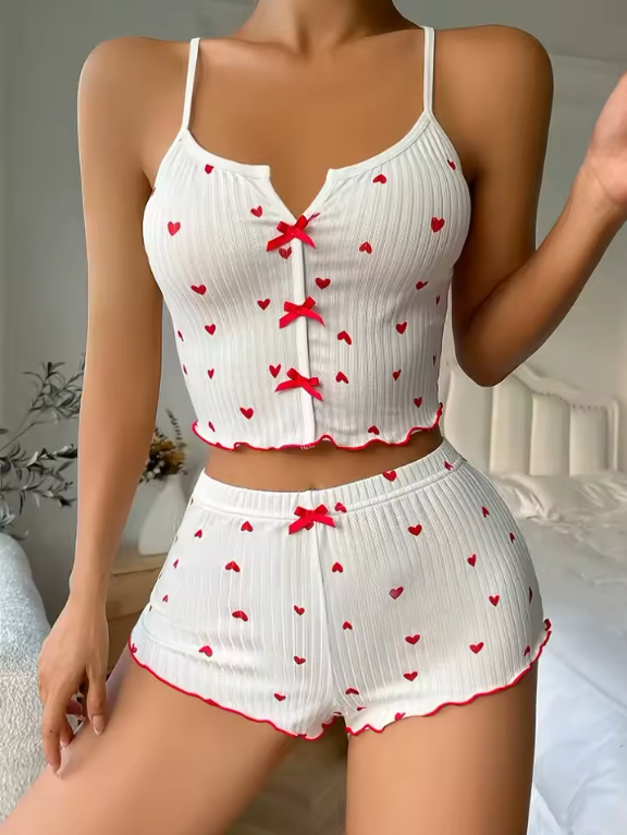 Womens 2 Piece Soft Cotton Shorts And Top Cropped Bow Tied Casual Or Sleepwear
