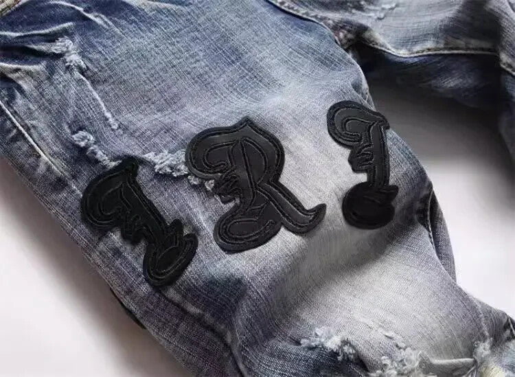 Mens Denim Street Biker Jeans Slim Fit Retro Style Embroidery Patch Logo Jeans