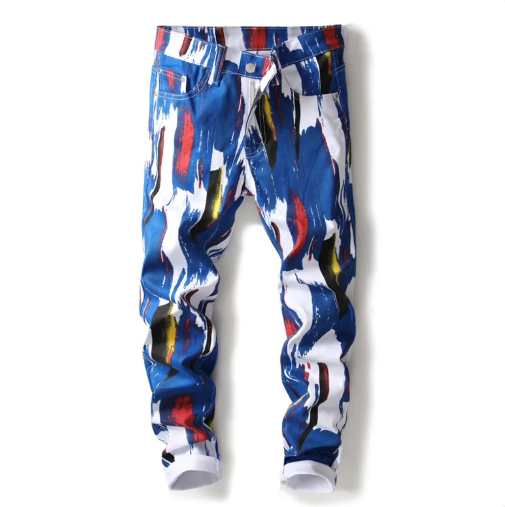 Mens Custom Design Street Fashion Abstract Colorful Jeans Slim