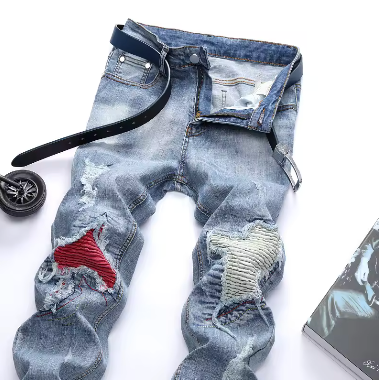Mens Ruffled Biker Jeans Premium Denim Blend Distressed Customized Jeans