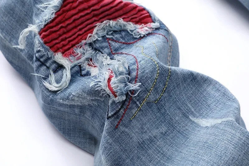 Mens Ruffled Biker Jeans Premium Denim Blend Distressed Customized Jeans