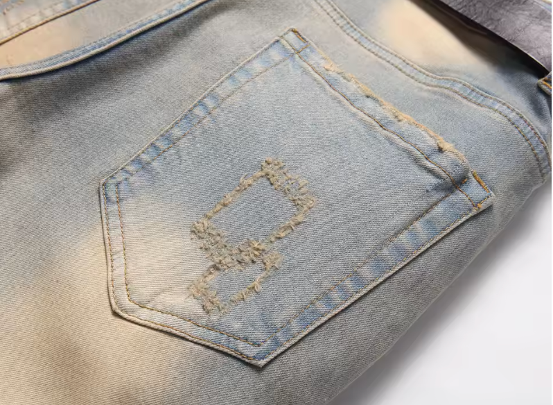 Mens Custom Street Style Biker Denim Distressed Jeans With Star Print And Cuffs
