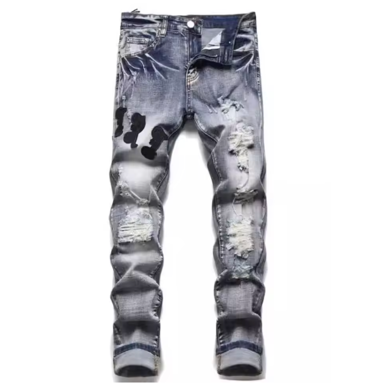 Mens Denim Street Biker Jeans Slim Fit Retro Style Embroidery Patch Logo Jeans